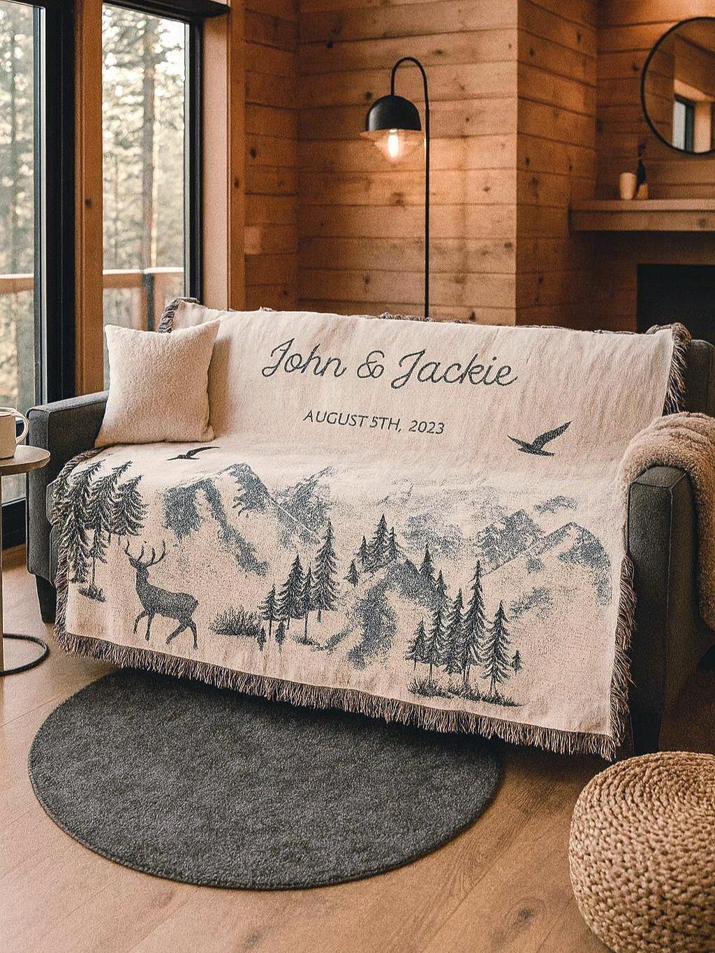 Outdoorsy Couple Blanket Nature Lovers Engagement Gift Adventure Couples Anniversary Personalized Mountain Woven Cotton Fringe Throw Blanket - product image 3