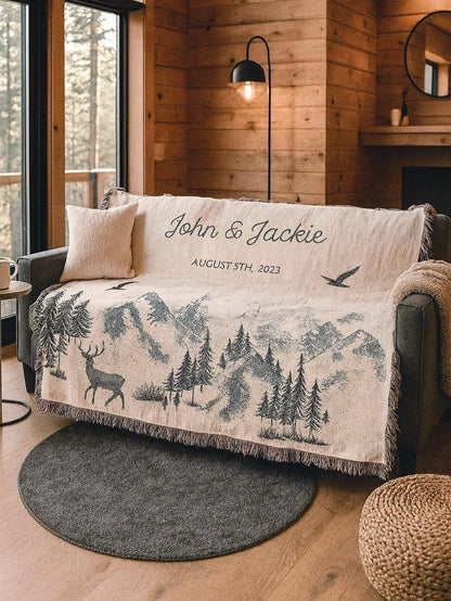Outdoorsy Couple Blanket Nature Lovers Engagement Gift Adventure Couples Anniversary Personalized Mountain Woven Cotton Fringe Throw Blanket - product image 3