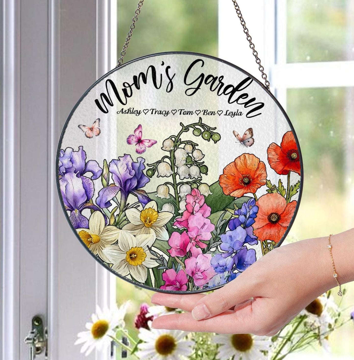 Mom’s Garden Glass Suncatcher – Custom Flower Ornament Gift, Personalized Floral Panel, Mother Grandma Birthday Decor, Spring Window Art - main product image