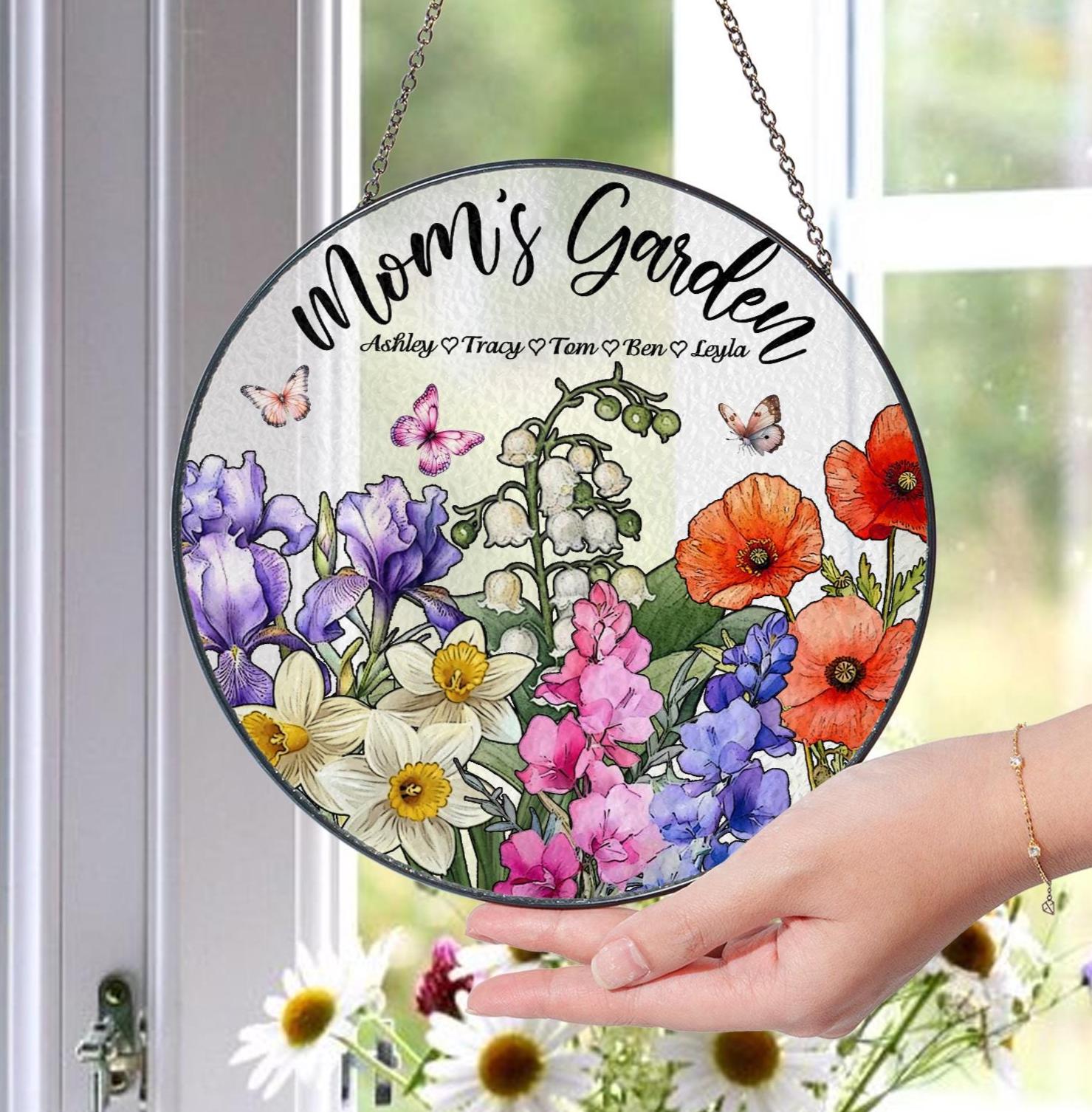Mom’s Garden Glass Suncatcher – Custom Flower Ornament Gift, Personalized Floral Panel, Mother Grandma Birthday Decor, Spring Window Art - main product image
