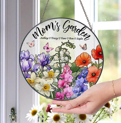 Mom’s Garden Glass Suncatcher – Custom Flower Ornament Gift, Personalized Floral Panel, Mother Grandma Birthday Decor, Spring Window Art - main product image