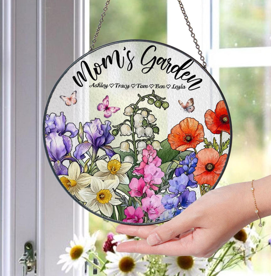 Mom’s Garden Glass Suncatcher – Custom Flower Ornament Gift, Personalized Floral Panel, Mother Grandma Birthday Decor, Spring Window Art - main product image