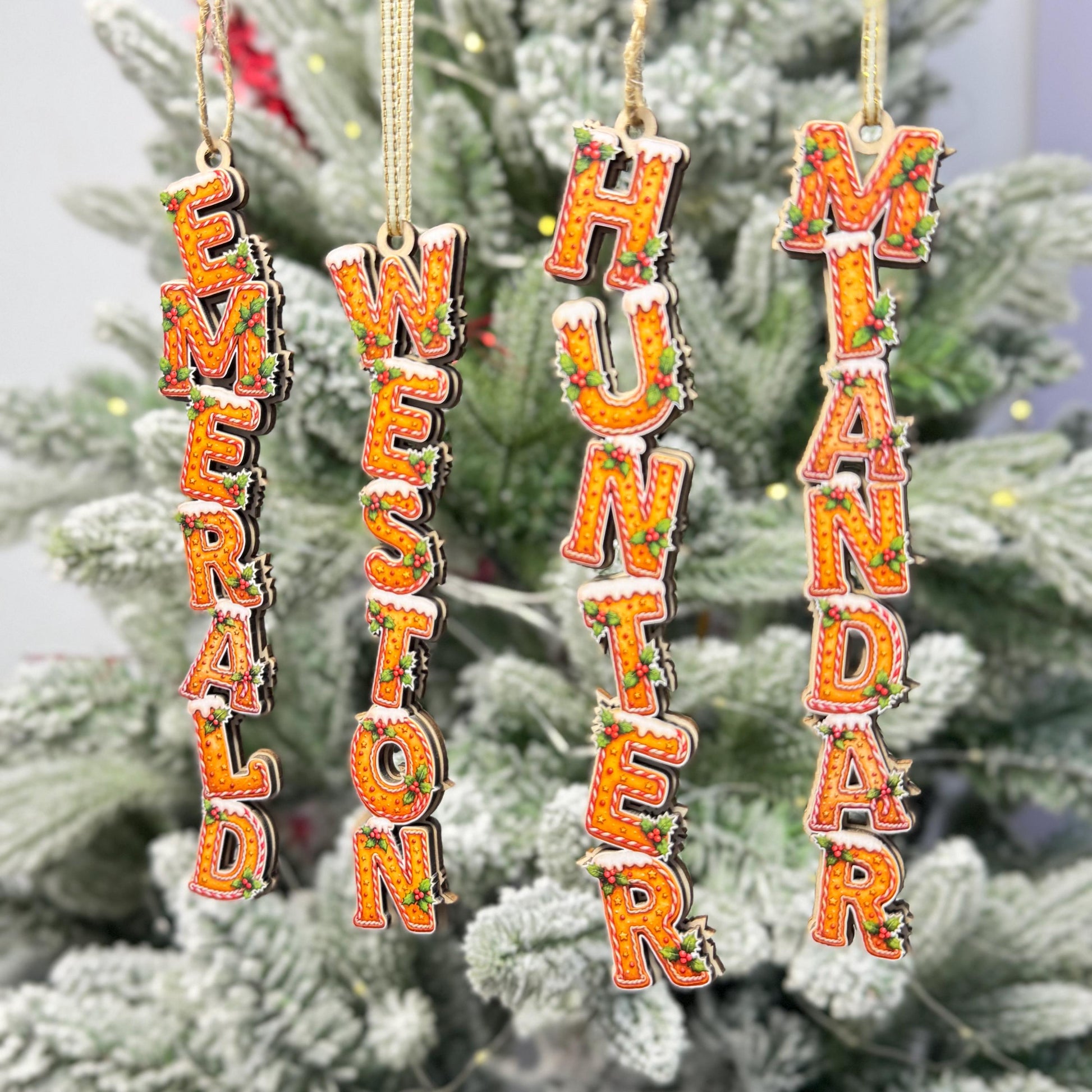 Personalized Holly Gingerbread Name Ornaments - Custom Cookie Style Wood Christmas Tree Decor - Rustic Holiday Gift - product image 5