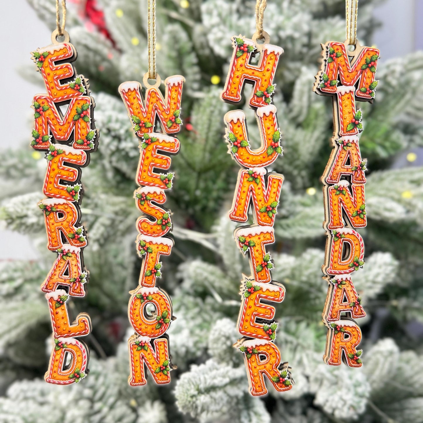 Personalized Holly Gingerbread Name Ornaments - Custom Cookie Style Wood Christmas Tree Decor - Rustic Holiday Gift - product image 3