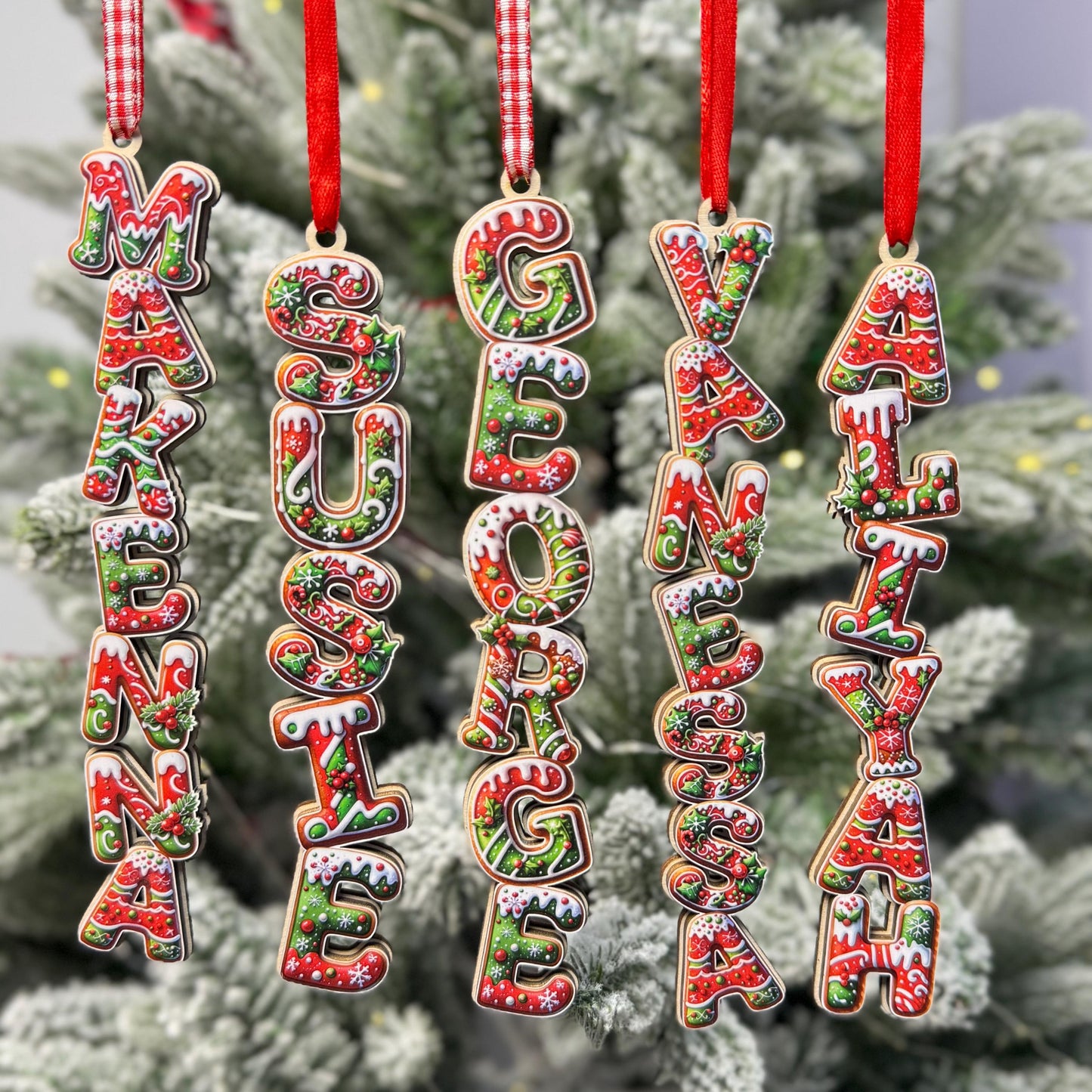 Traditional Gingerbread Name Ornaments - Red Green Letter Decor - Personalized Wood Christmas Tree Tag - Holiday Cookie Gift - product image 2