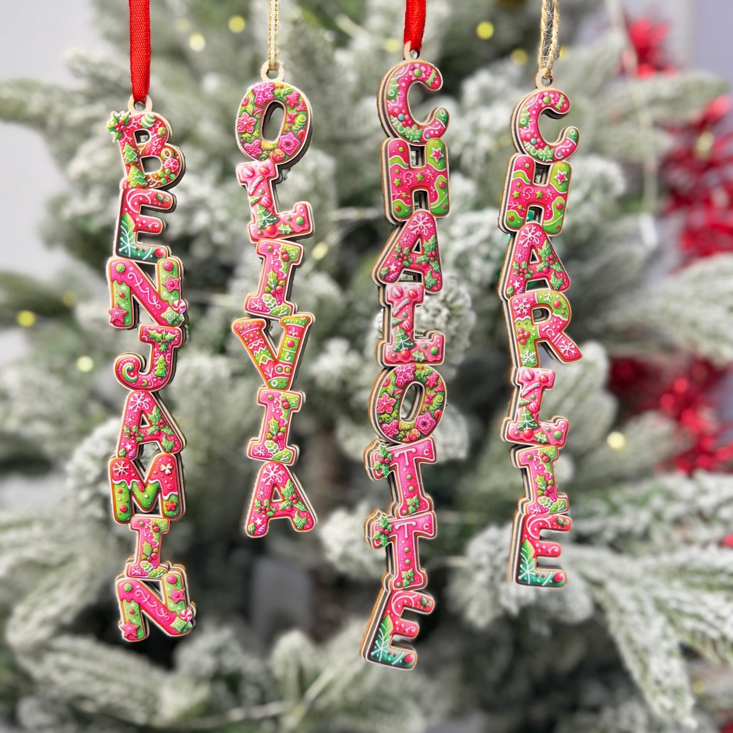 Hot Pink Gingerbread Name Ornaments - Pink & Green Letter Decor - Modern Personalized Wood Tree Tag - Unique Gift - product image 2