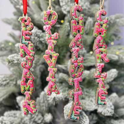Hot Pink Gingerbread Name Ornaments - Pink & Green Letter Decor - Modern Personalized Wood Tree Tag - Unique Gift - product image 4