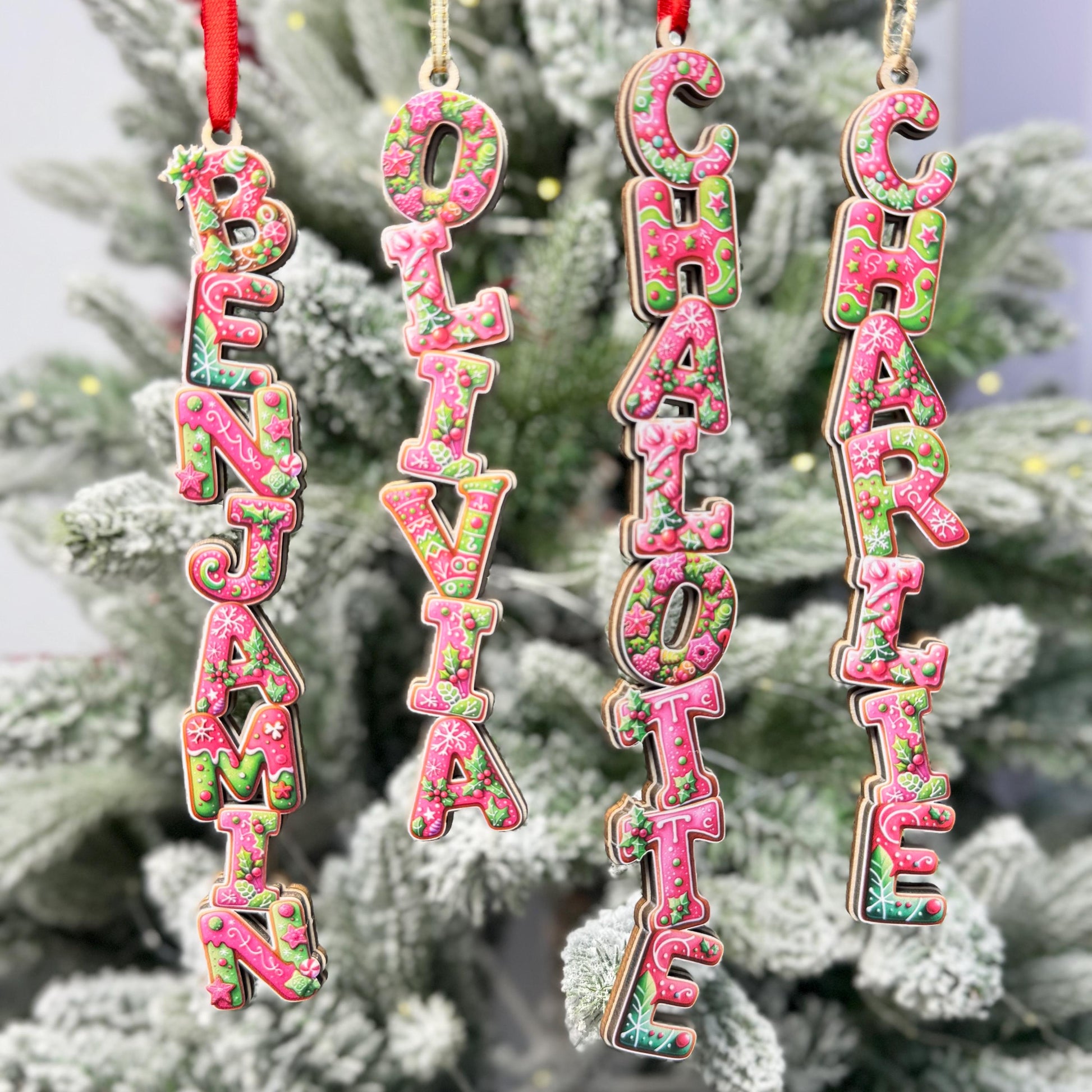 Hot Pink Gingerbread Name Ornaments - Pink & Green Letter Decor - Modern Personalized Wood Tree Tag - Unique Gift - product image 6