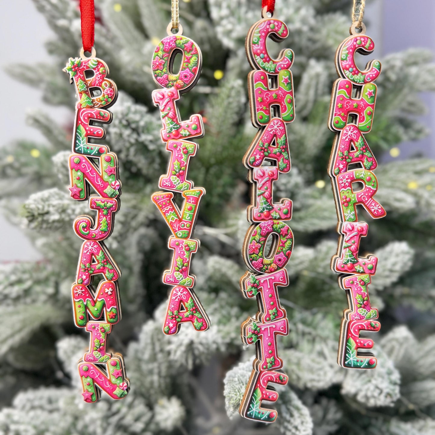 Hot Pink Gingerbread Name Ornaments - Pink & Green Letter Decor - Modern Personalized Wood Tree Tag - Unique Gift - product image 7