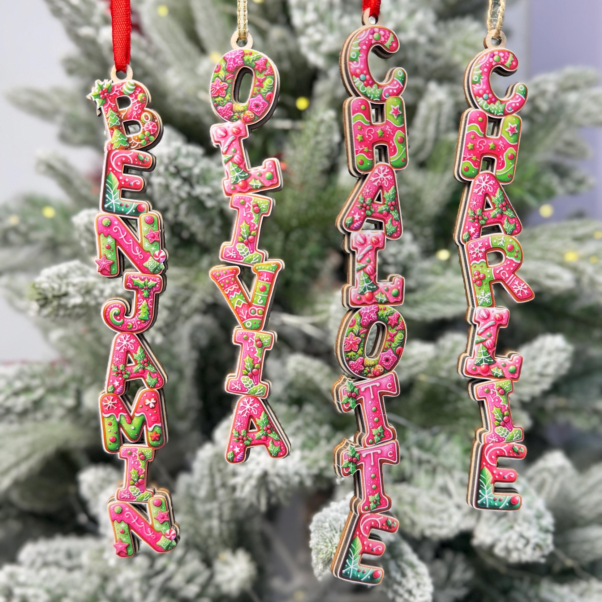 Hot Pink Gingerbread Name Ornaments - Pink & Green Letter Decor - Modern Personalized Wood Tree Tag - Unique Gift - product image 7