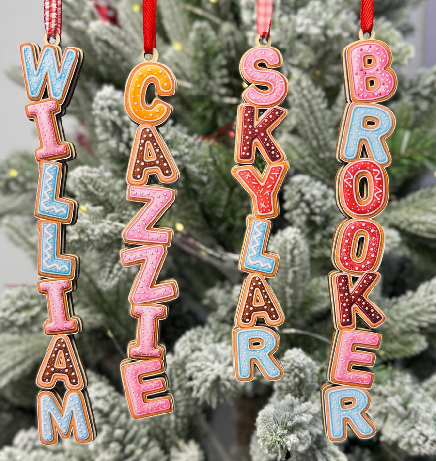 Pastel Gingerbread Name Ornament - Custom Candy Color Letter Decor - Personalized Wood Tree Tag - Cute Kids Stocking Stuffer - main product image