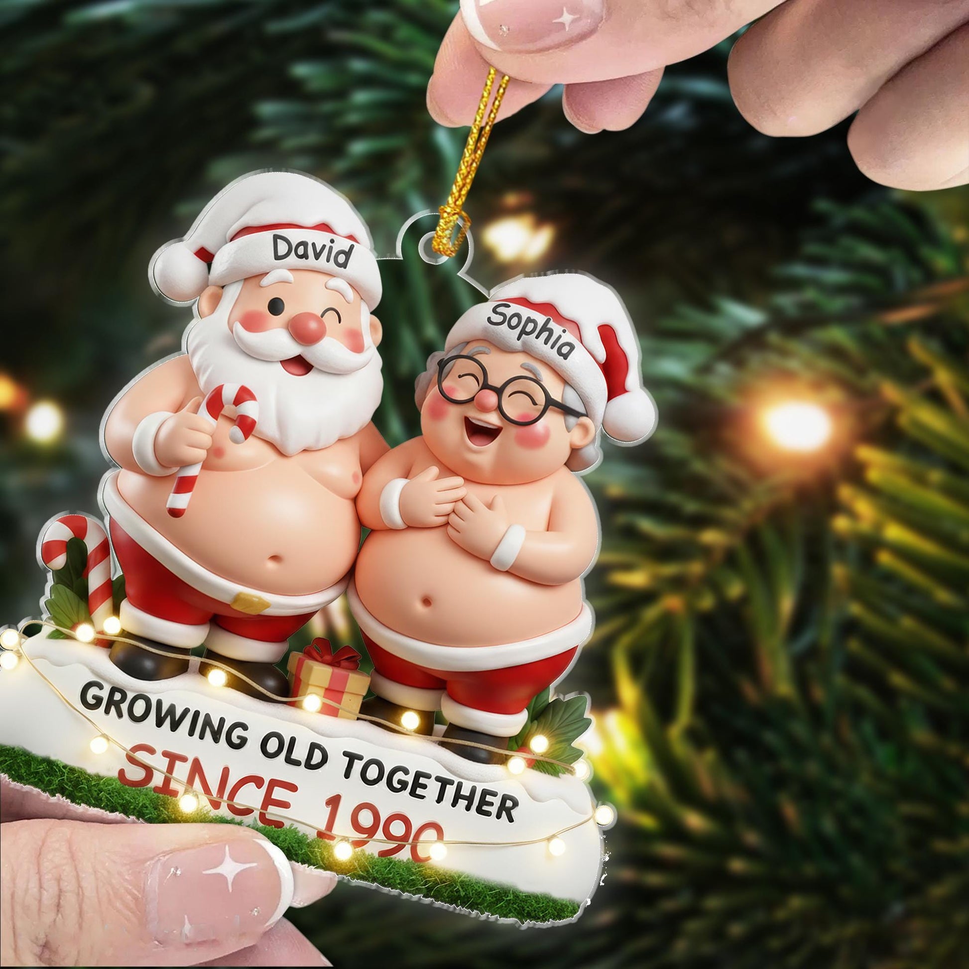 Funny Couple Acrylic Ornament – Custom Names & Since Year, Growing Old Together Santa Style, 2D Christmas Decoration Acrylic - product image 2