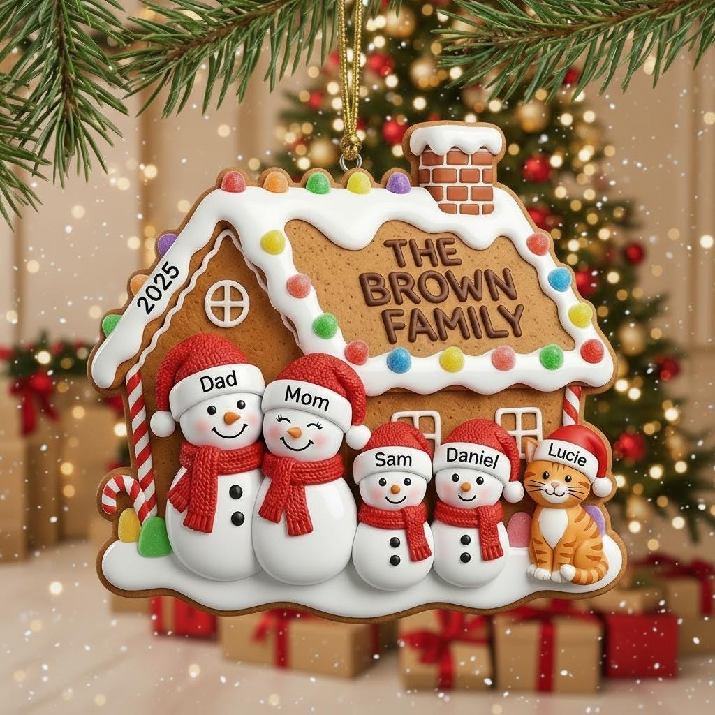 Custom 2D Acrylic Family Name Ornament, Personalized Members & Year, Gingerbread House Christmas Keepsake Gift - product image 3