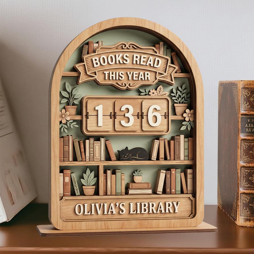 Vintage Wooden Book Tracker Sign, Personalized Reading Counter, Books Read This Year Decor, Custom Library Gift for Book Lovers - main product image