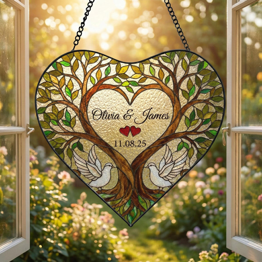 Personalized Tree Heart Suncatcher: Custom Wedding Gift, Love Birds Couple Anniversary - main product image