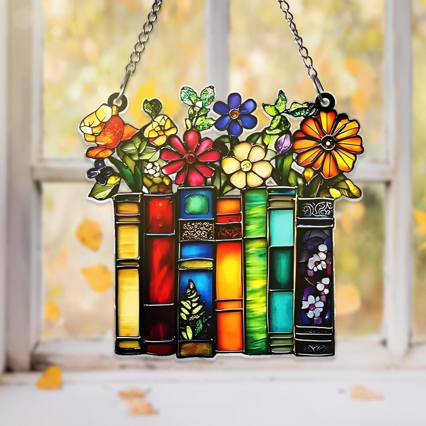 Book Lover Acrylic Suncatcher, Stained Glass Style Bookshelf Window Hanging, Floral Book Decor, Teacher Librarian Gift - product image 2
