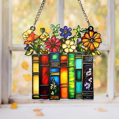 Book Lover Acrylic Suncatcher, Stained Glass Style Bookshelf Window Hanging, Floral Book Decor, Teacher Librarian Gift - product image 2