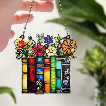 Book Lover Acrylic Suncatcher, Stained Glass Style Bookshelf Window Hanging, Floral Book Decor, Teacher Librarian Gift - product image 4