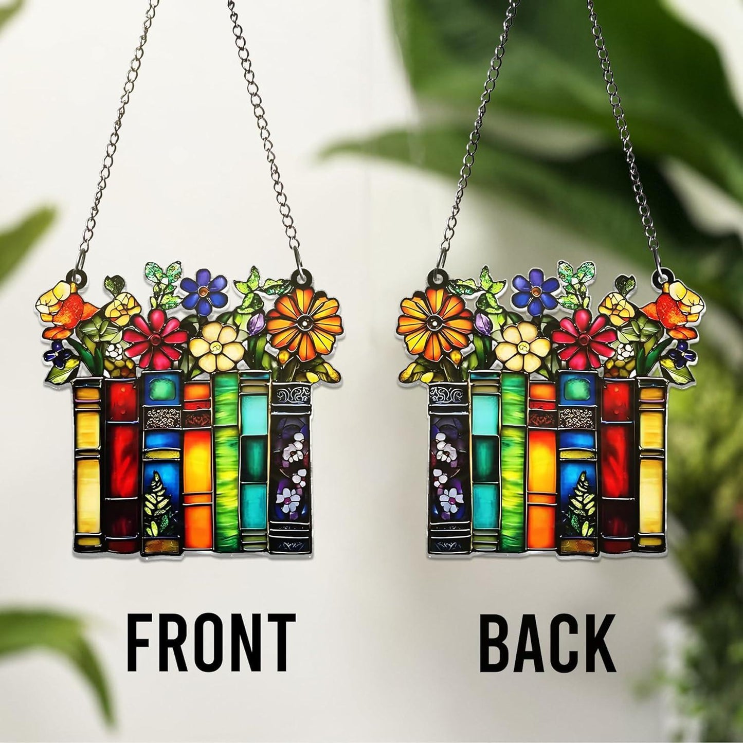 Book Lover Acrylic Suncatcher, Stained Glass Style Bookshelf Window Hanging, Floral Book Decor, Teacher Librarian Gift - product image 6
