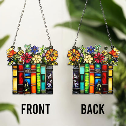 Book Lover Acrylic Suncatcher, Stained Glass Style Bookshelf Window Hanging, Floral Book Decor, Teacher Librarian Gift - product image 6