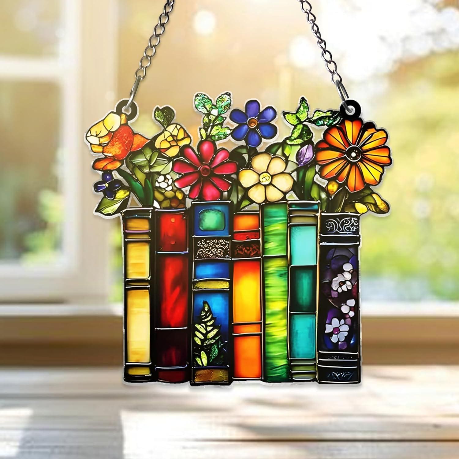 Book Lover Acrylic Suncatcher, Stained Glass Style Bookshelf Window Hanging, Floral Book Decor, Teacher Librarian Gift - main product image