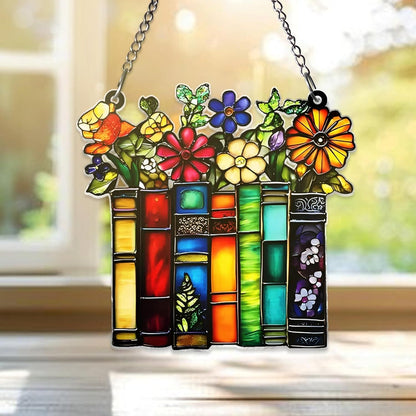 Book Lover Acrylic Suncatcher, Stained Glass Style Bookshelf Window Hanging, Floral Book Decor, Teacher Librarian Gift - main product image