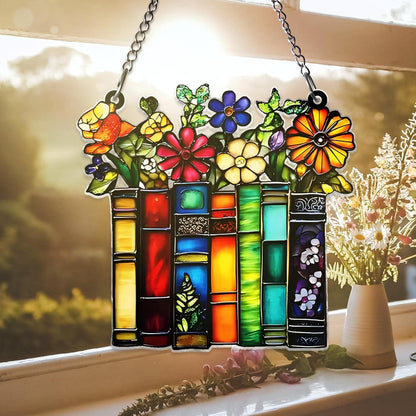 Book Lover Acrylic Suncatcher, Stained Glass Style Bookshelf Window Hanging, Floral Book Decor, Teacher Librarian Gift - product image 5