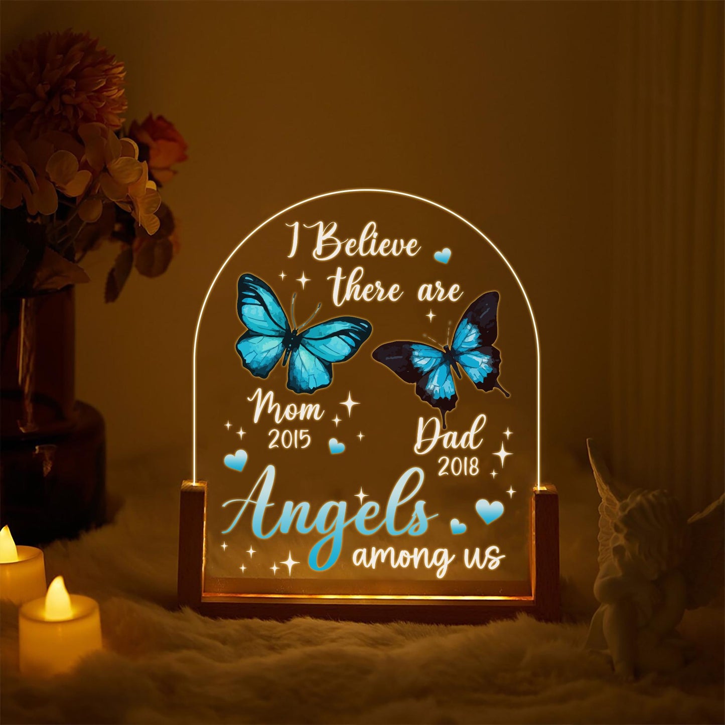 Personalized Memorial Gift, Sympathy Gift Loss of Mother, Blue Butterfly LED Light, Angels Among Us Acrylic Plaque, Remembrance Lamp - main product image