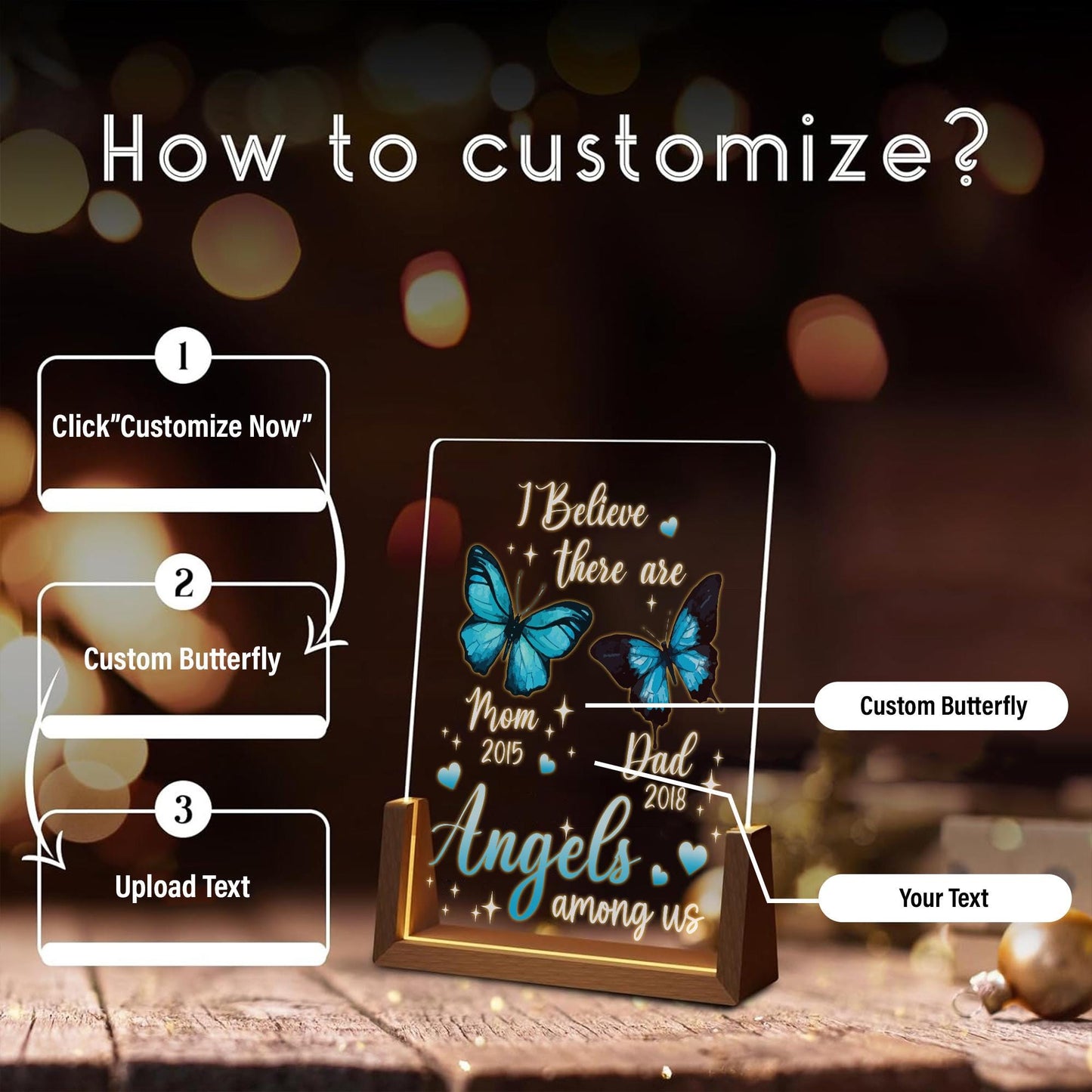 Personalized Memorial Gift, Sympathy Gift Loss of Mother, Blue Butterfly LED Light, Angels Among Us Acrylic Plaque, Remembrance Lamp - product image 3