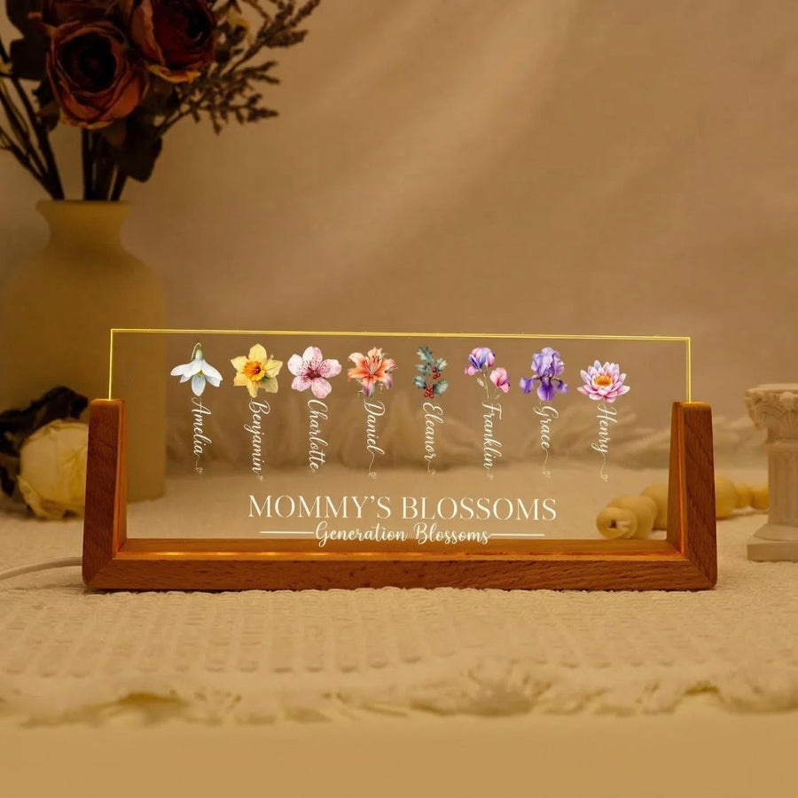 Personalized Birth Flower Plaque for Mom, Grandmas Garden Acrylic Light, Mother's Day Plaque with Custom Names, Family Floral Desk Sign - main product image
