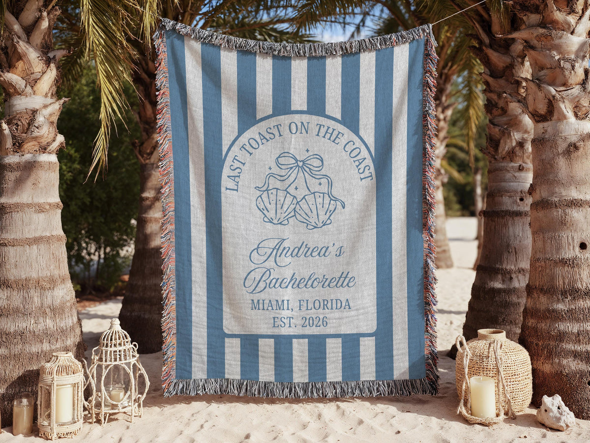 Custom Camp Bachelorette Woven Blanket, Glamping Weekend Decor, Bach Party Gift - product image 3