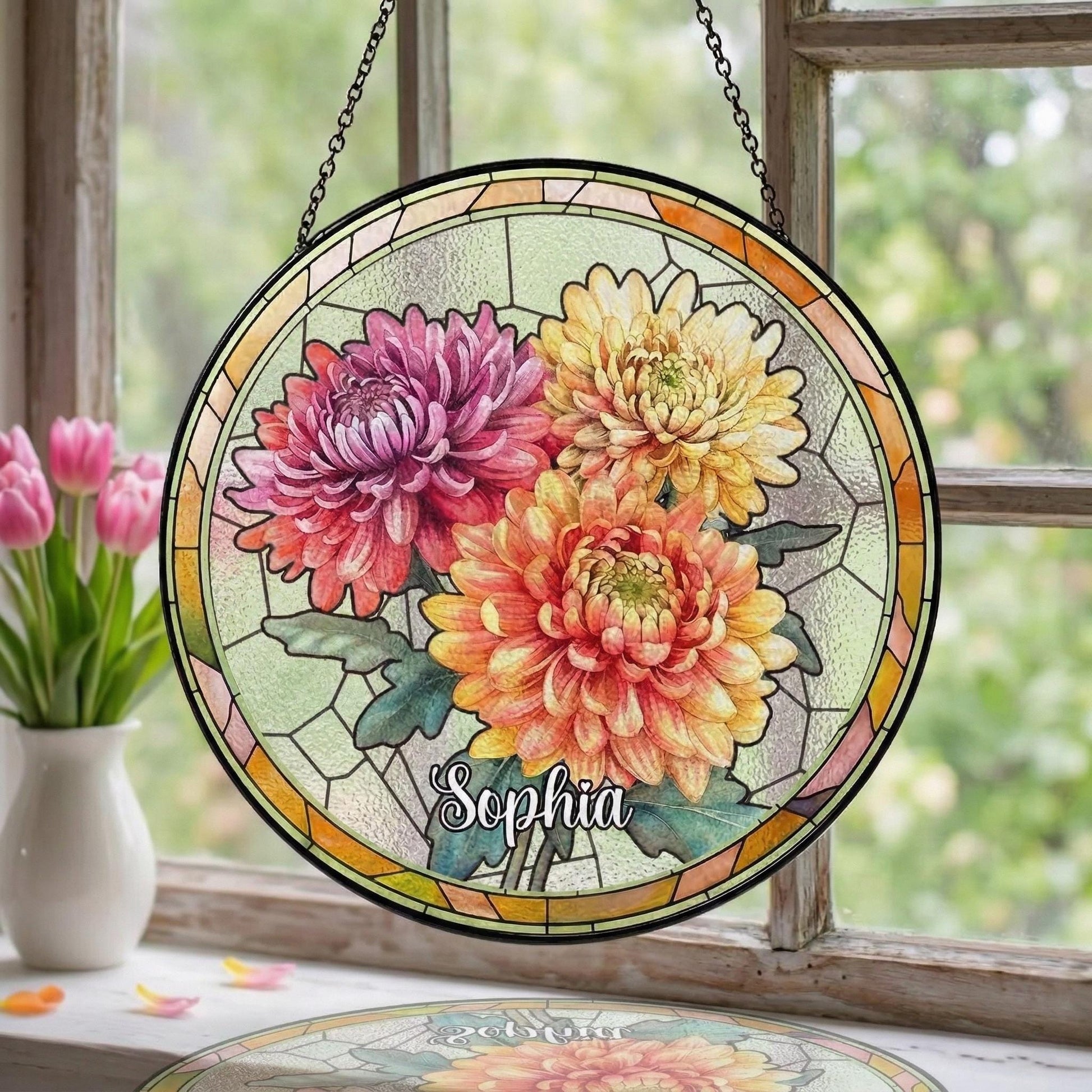 Family Birth Flower Bouquet Birth Month Flowers Personalized Stained Glass Window Hangings Personalized Birth Flower Gift Mothers Day Gift - main product image