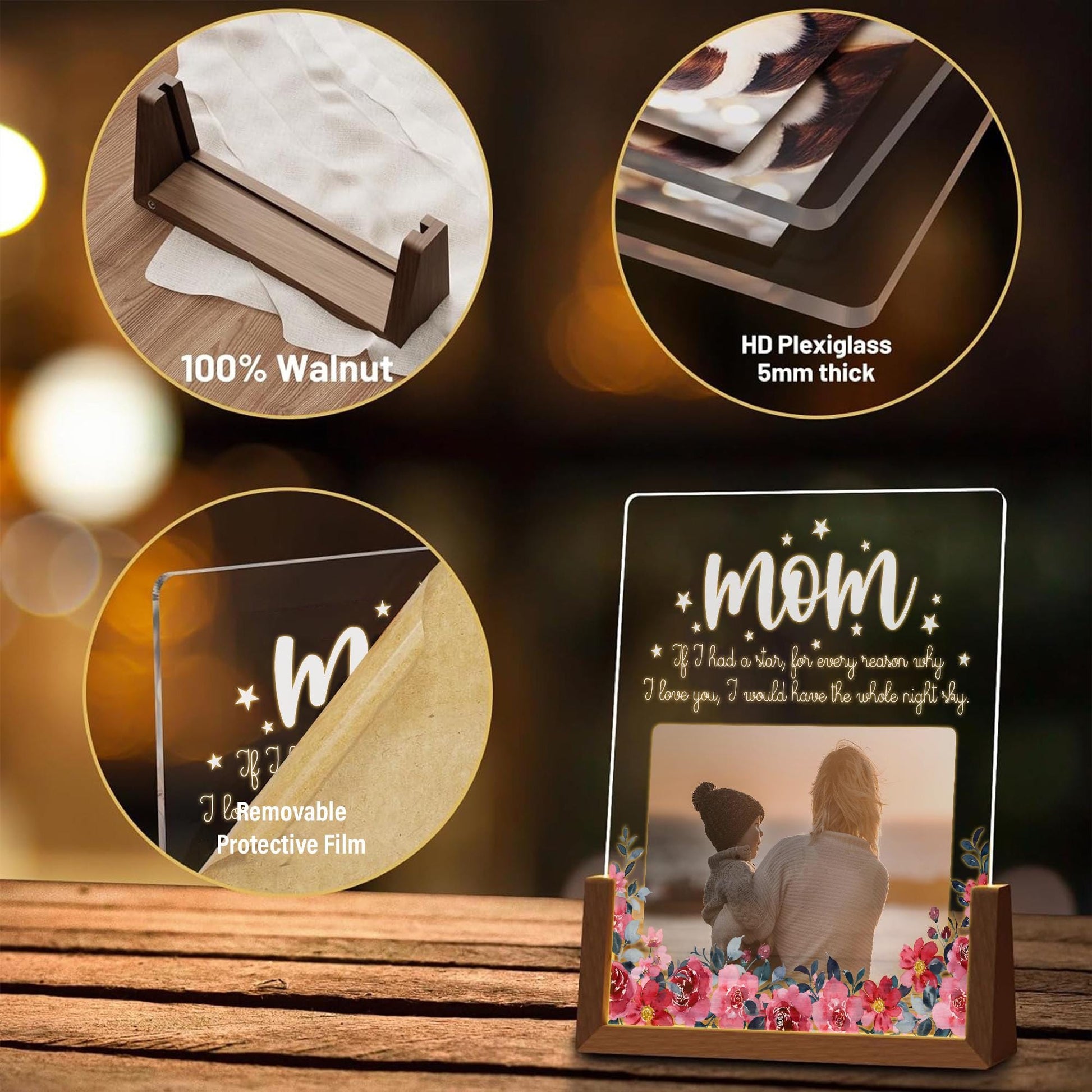 Personalized Mom Photo LED Lamp, Custom Picture Night Light, Meaningful Mothers Day Plaque, Floral Acrylic Sign - product image 4