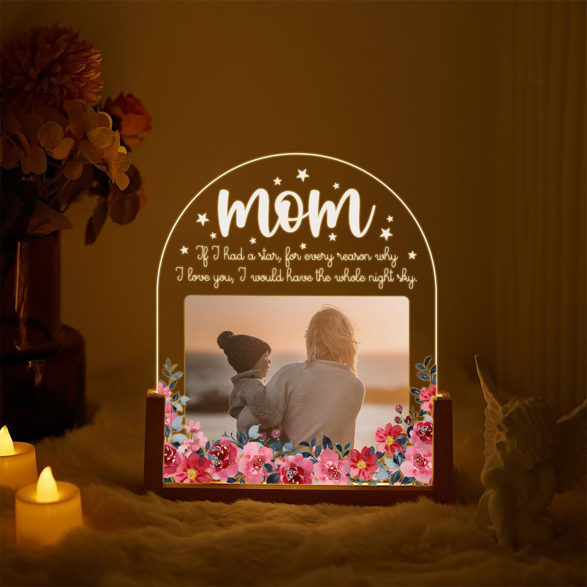 Personalized Mom Photo LED Lamp, Custom Picture Night Light, Meaningful Mothers Day Plaque, Floral Acrylic Sign - product image 2