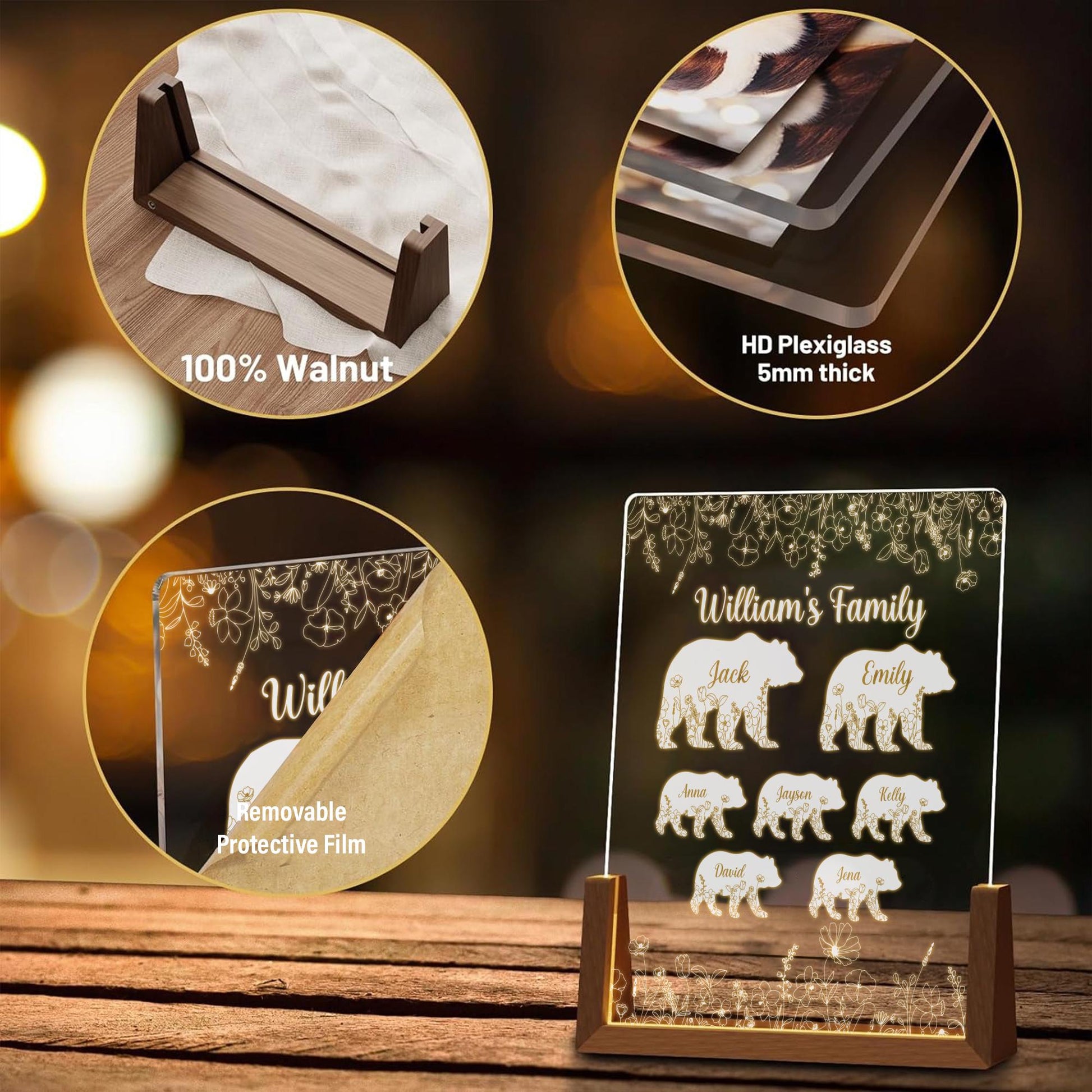 Custom Real Glass Bear Family Lamp, Papa Bear Father's Day Gift, Personalized Name Night Light for Dad, Grandpa Gift from Kids - product image 6