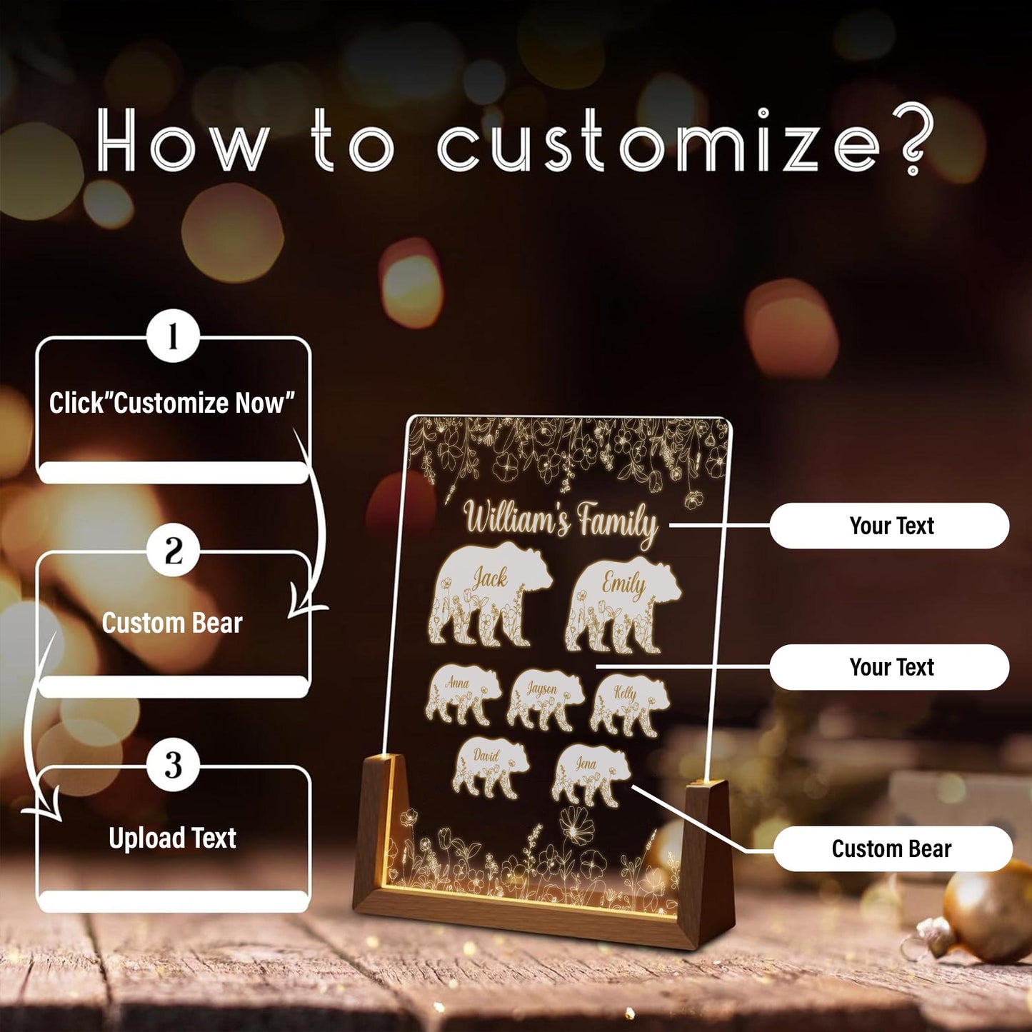 Custom Real Glass Bear Family Lamp, Papa Bear Father's Day Gift, Personalized Name Night Light for Dad, Grandpa Gift from Kids - product image 5