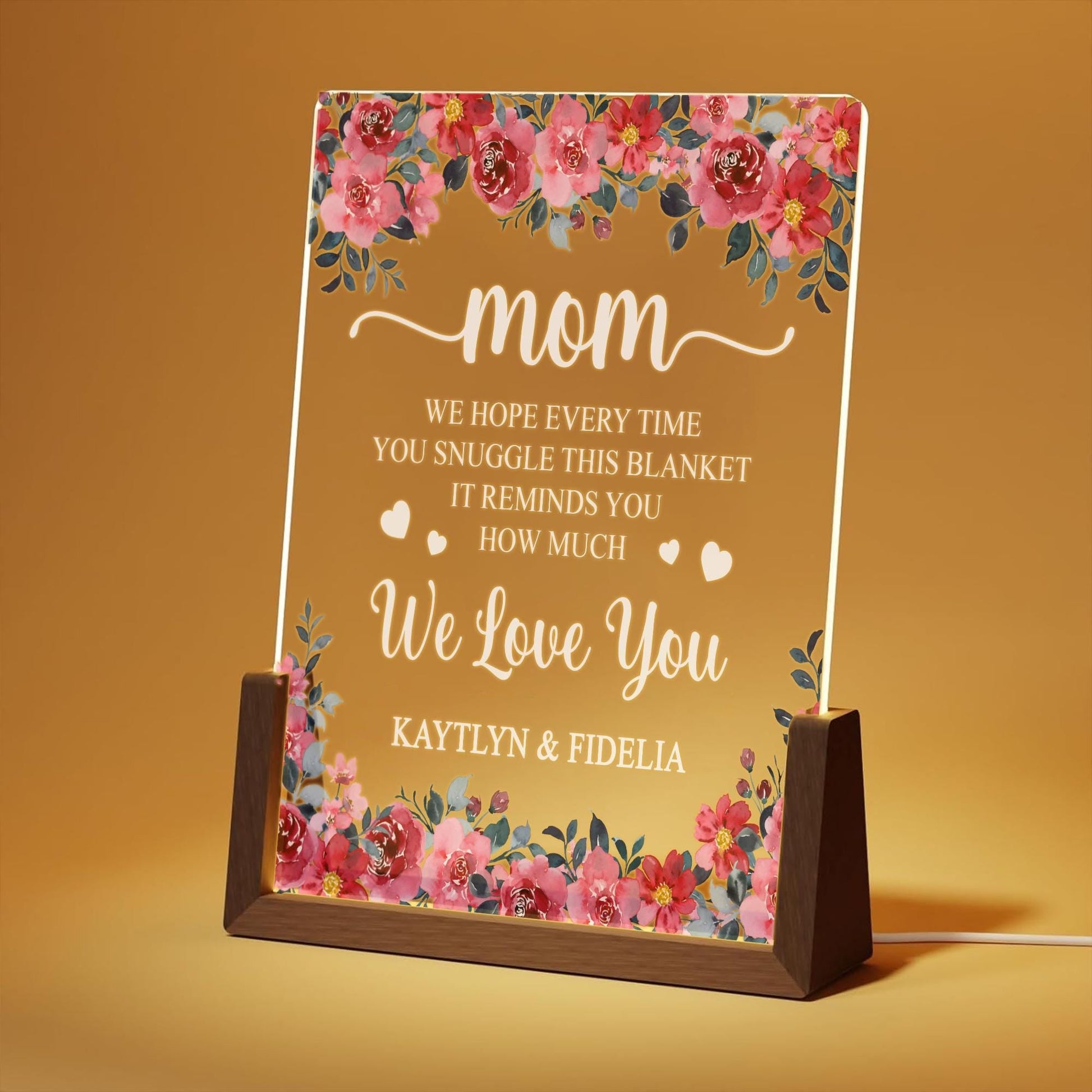 Custom Mom Night Light, Personalized Floral Acrylic Plaque, Mothers Day Gift from Kids, Meaningful Mom Birthday Lamp - main product image