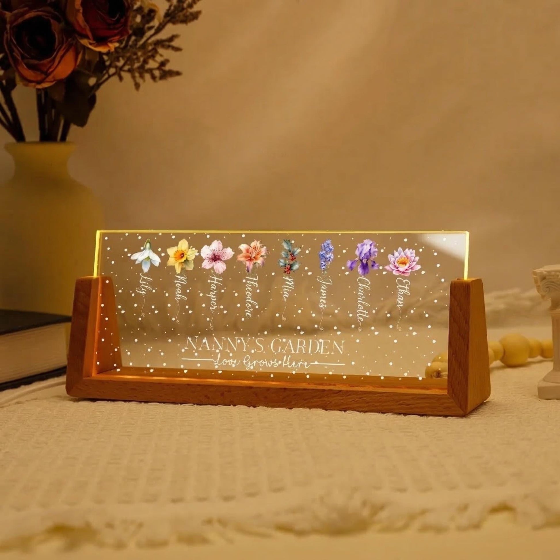 Personalized Birth Flower Plaque for Mom, Grandmas Garden Acrylic Light, Mother's Day Plaque with Custom Names, Family Floral Desk Sign - product image 2