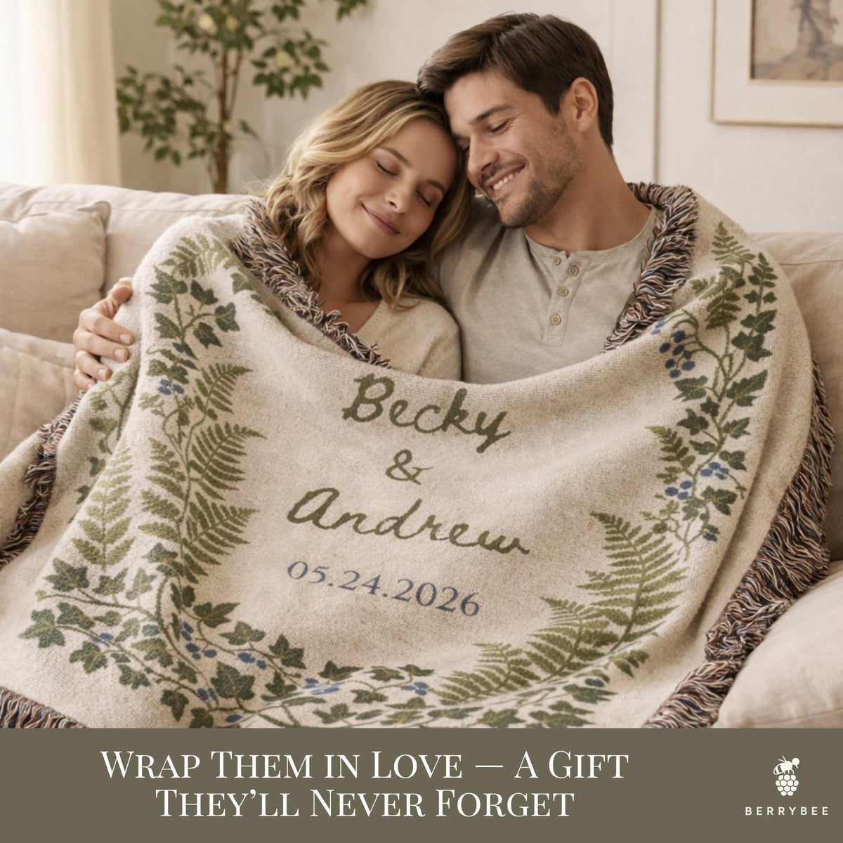 Personalized Wedding Gift Blanket, Botanical Woven Blanket, Wedding gifts for parents or couples, anniversary gift for him & her, Engagement - product image 7