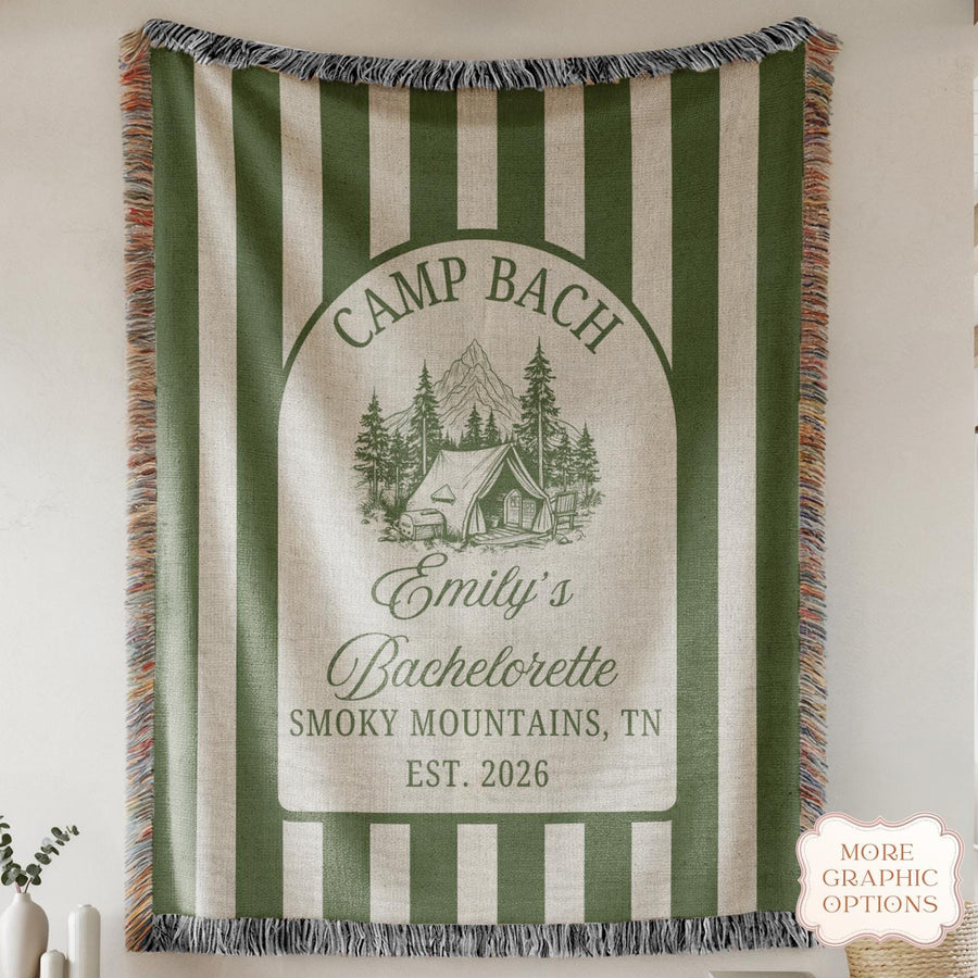 Custom Camp Bachelorette Woven Blanket, Glamping Weekend Decor, Bach Party Gift - main product image