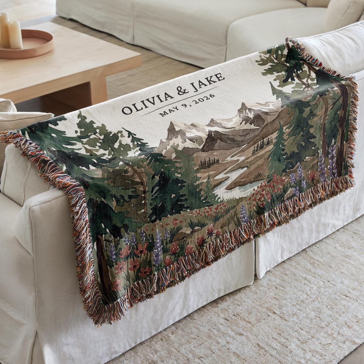 Personalized National Park Woven Blanket Outdoorsy Couple Wedding Gift Forest Scene Adventurous Hiking Cotton Anniversary Wildflower Names - product image 6