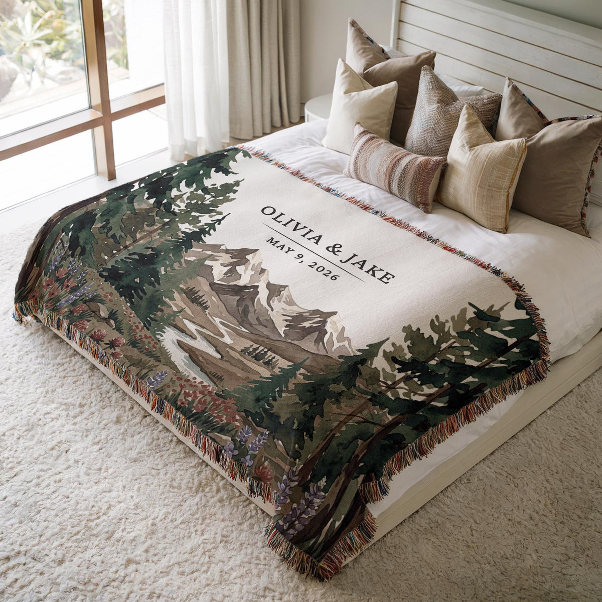 Personalized National Park Woven Blanket Outdoorsy Couple Wedding Gift Forest Scene Adventurous Hiking Cotton Anniversary Wildflower Names - main product image