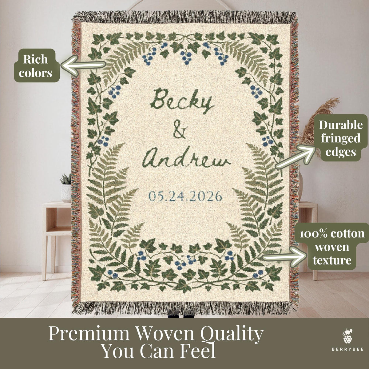 Personalized Wedding Gift Blanket, Botanical Woven Blanket, Wedding gifts for parents or couples, anniversary gift for him & her, Engagement - product image 13