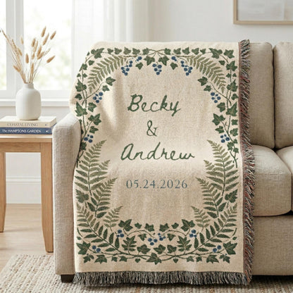 Personalized Wedding Gift Blanket, Botanical Woven Blanket, Wedding gifts for parents or couples, anniversary gift for him & her, Engagement - main product image