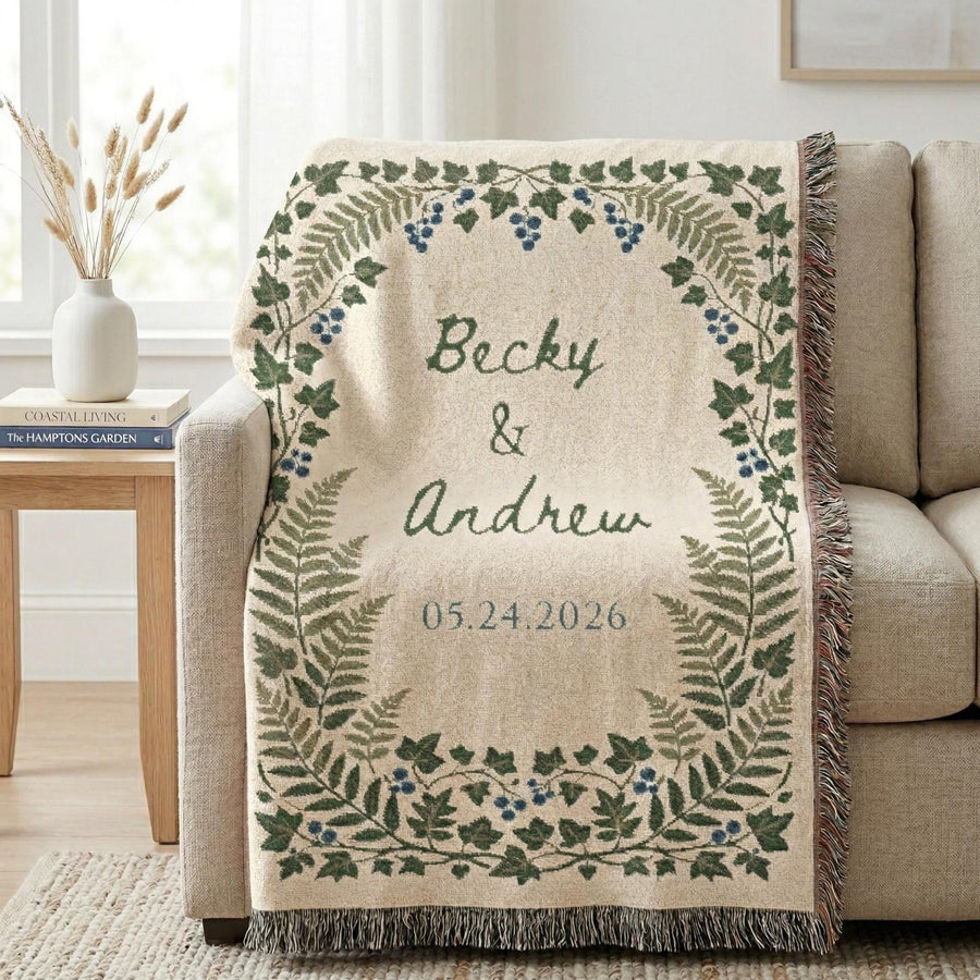 Personalized Wedding Gift Blanket, Botanical Woven Blanket, Wedding gifts for parents or couples, anniversary gift for him & her, Engagement - main product image