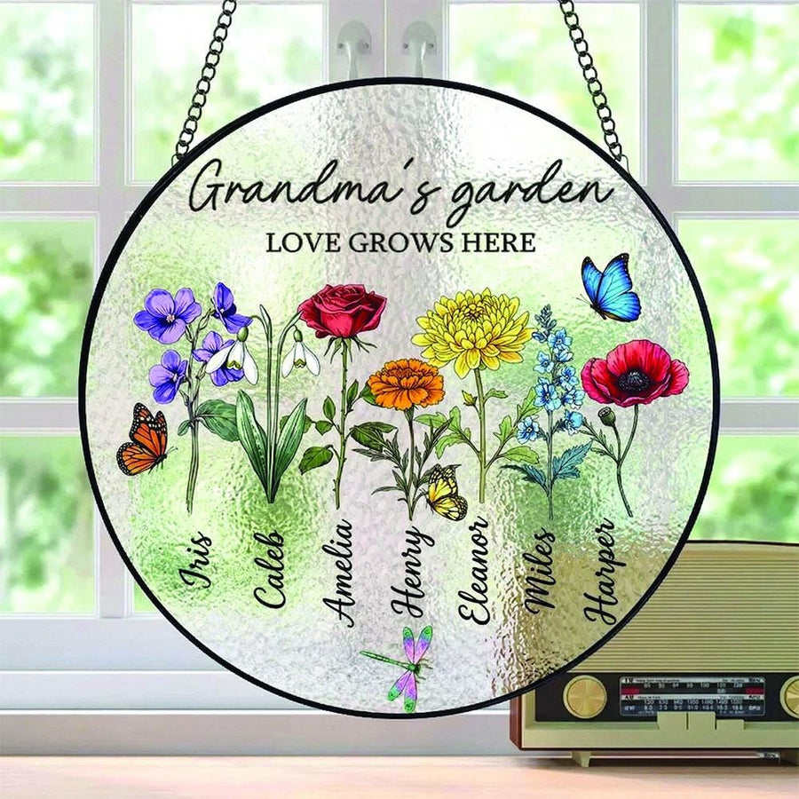 Custom Grandma's Garden Stained Glass, Personalized Love Grows Here Suncatcher, Birth Month Flowers With Names Gift, Mothers Day Gift - main product image