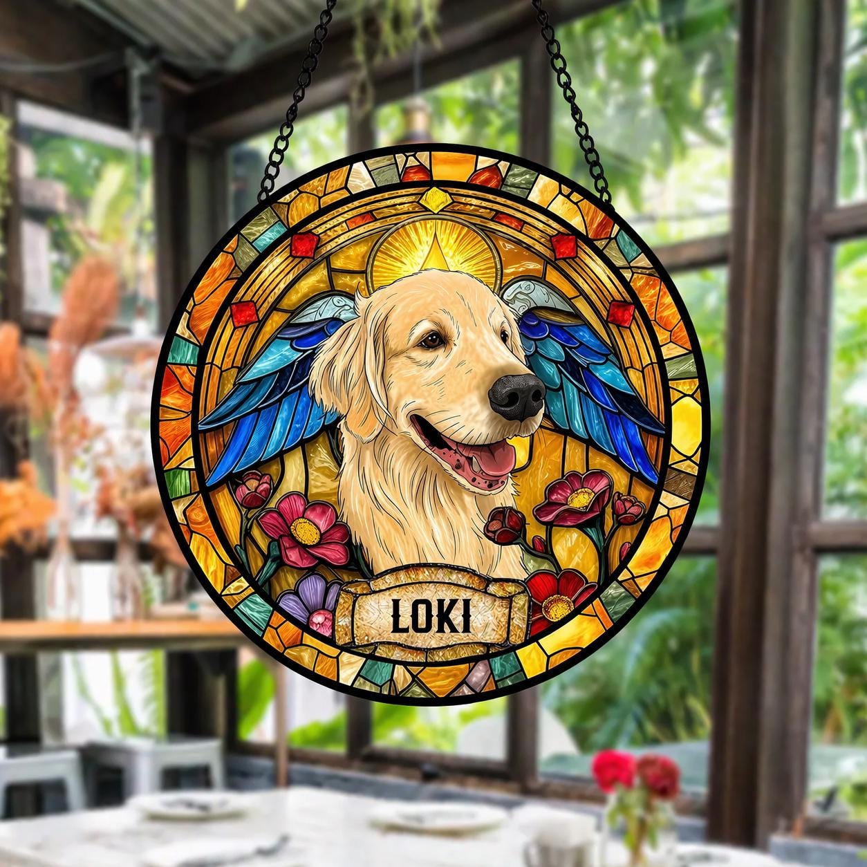 Personalized Dog Portrait Stained Glass Suncatcher, Custom Pet Memorial Stained Glass Photo Suncatcher, Dog Loss Keepsake, Pet Loss Gift - product image 2