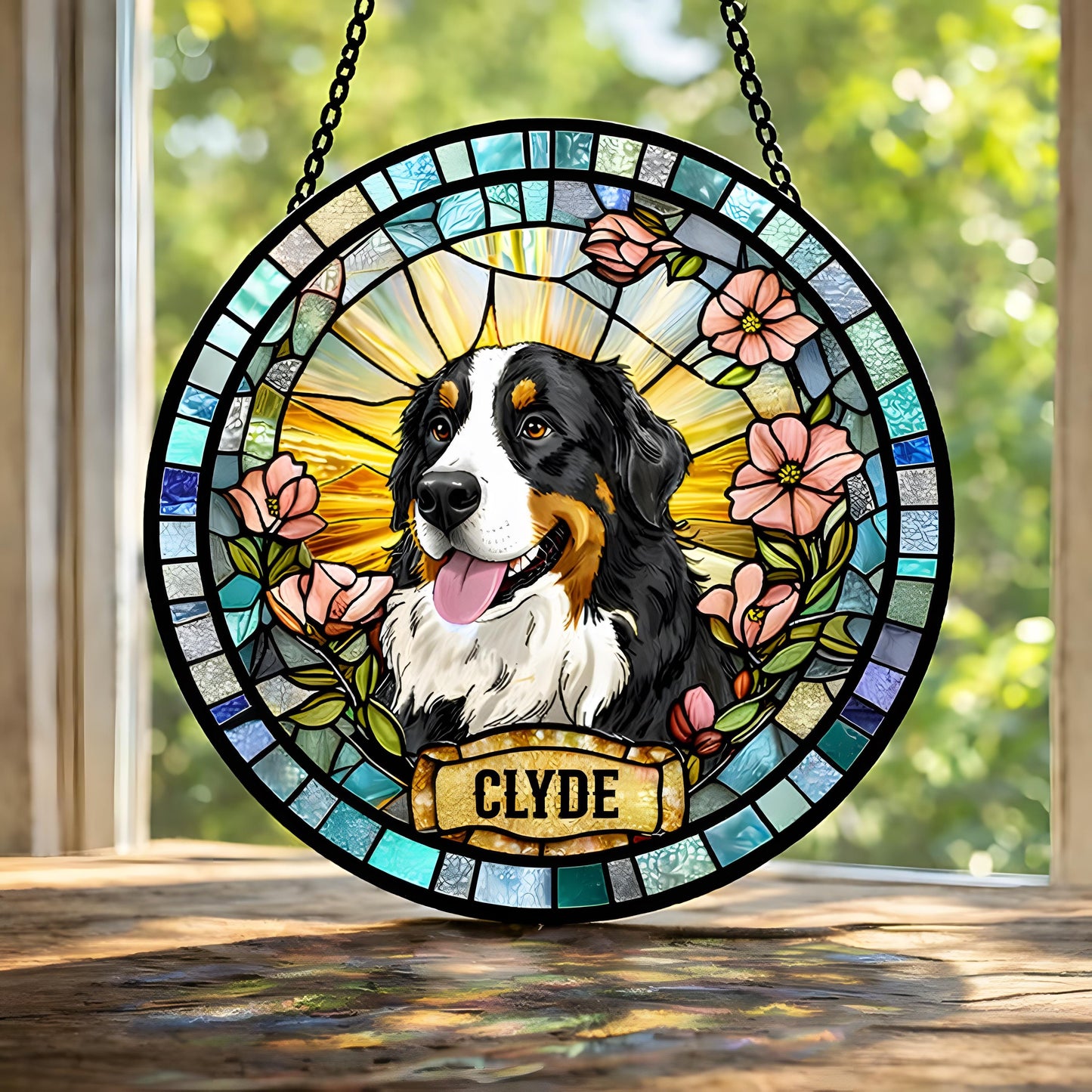 Personalized Dog Portrait Stained Glass Suncatcher, Custom Pet Memorial Stained Glass Photo Suncatcher, Dog Loss Keepsake, Pet Loss Gift - main product image