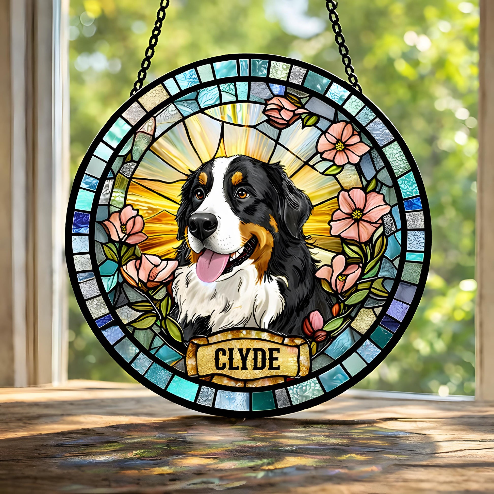 Personalized Dog Portrait Stained Glass Suncatcher, Custom Pet Memorial Stained Glass Photo Suncatcher, Dog Loss Keepsake, Pet Loss Gift - main product image