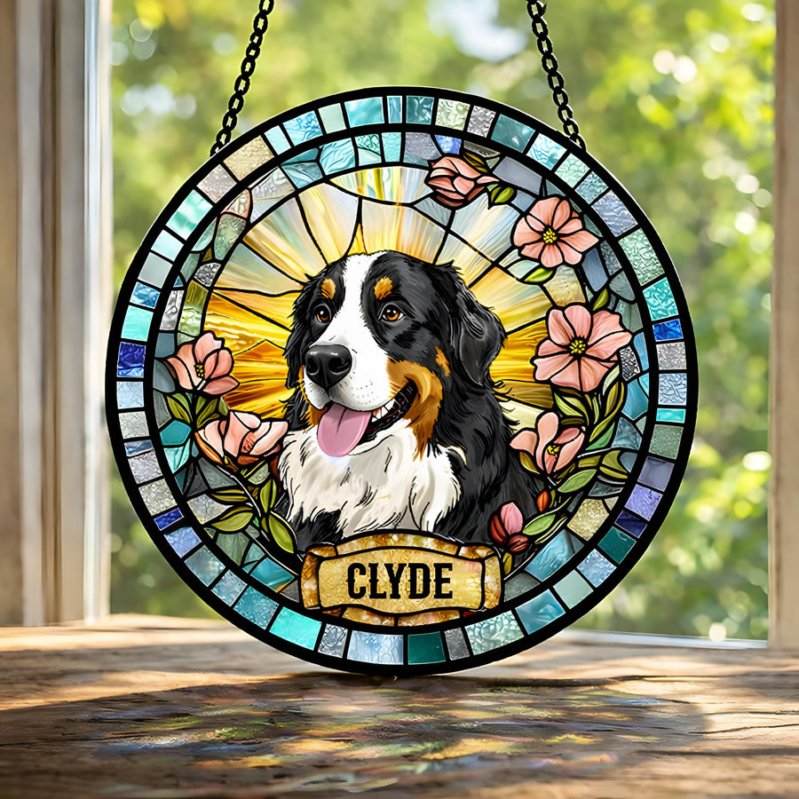 Personalized Dog Portrait Stained Glass Suncatcher, Custom Pet Memorial Stained Glass Photo Suncatcher, Dog Loss Keepsake, Pet Loss Gift - main product image